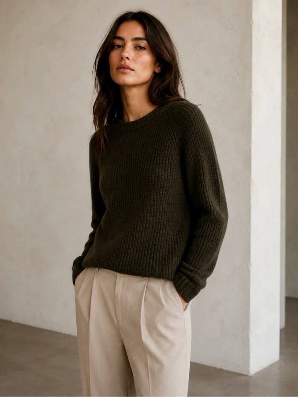 Jenni Kayne S Iconic 100% CASHMERE Fisherman Sweater Crewneck Olive Green